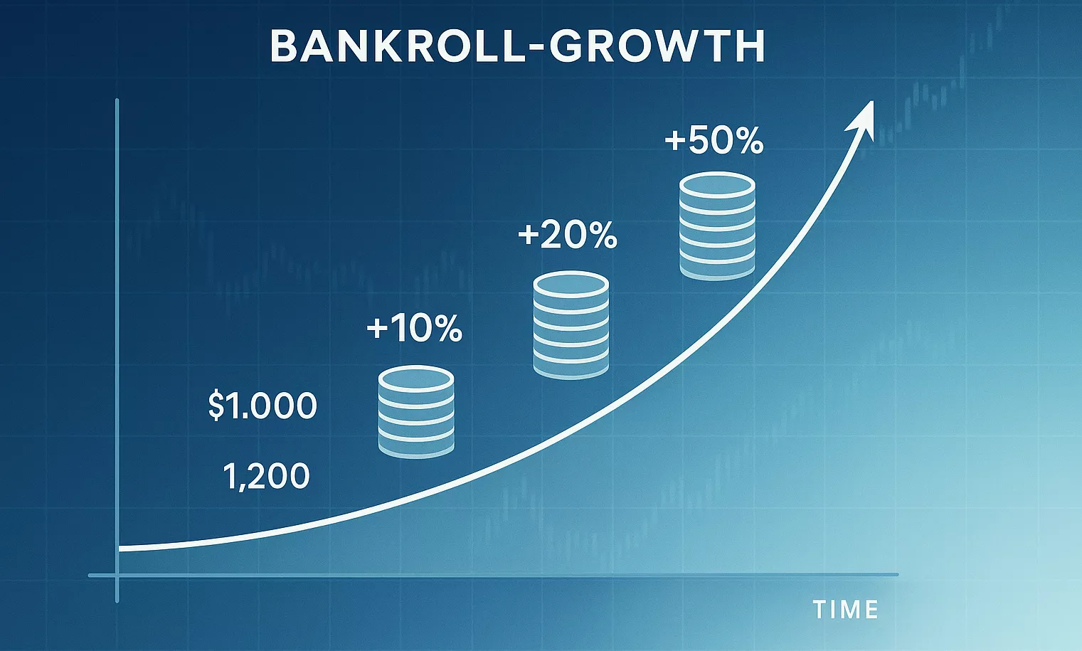 Bankroll compound growth visualization showing exponential growth over time with Kelly Criterion