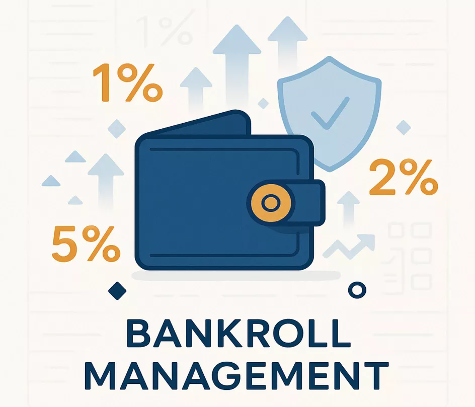 Bankroll management concept showing wallet with percentage allocations and protective shield representing risk management
