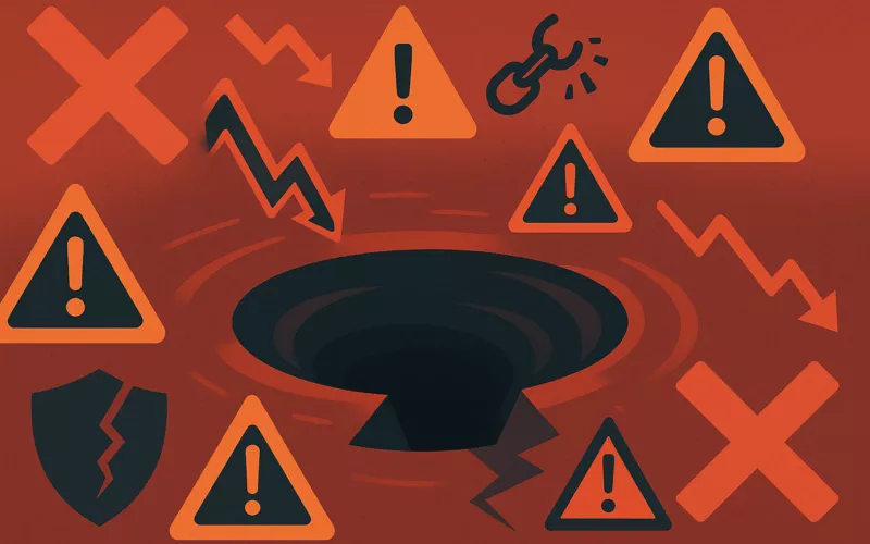 Warning illustration showing betting pitfalls with caution symbols, downward trending charts, and risk indicators