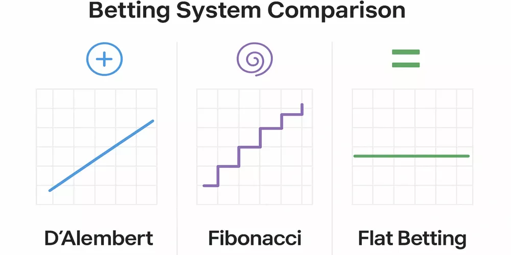 Comparison infographic of three betting systems: D'Alembert, Fibonacci, and Flat Betting with visual progression lines