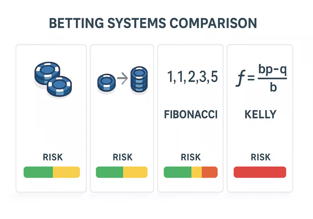 Comparison chart of flat betting versus Martingale, Fibonacci, and Kelly Criterion betting systems
