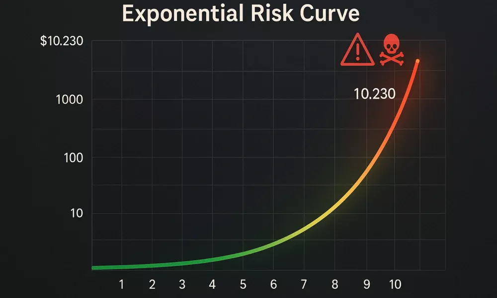 Exponential growth curve showing dramatic increase in betting stakes from $10 to $10,230 over ten Martingale progression bets