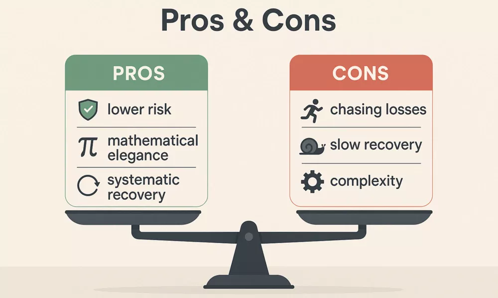 Balance scale illustration showing advantages and disadvantages of Fibonacci betting system