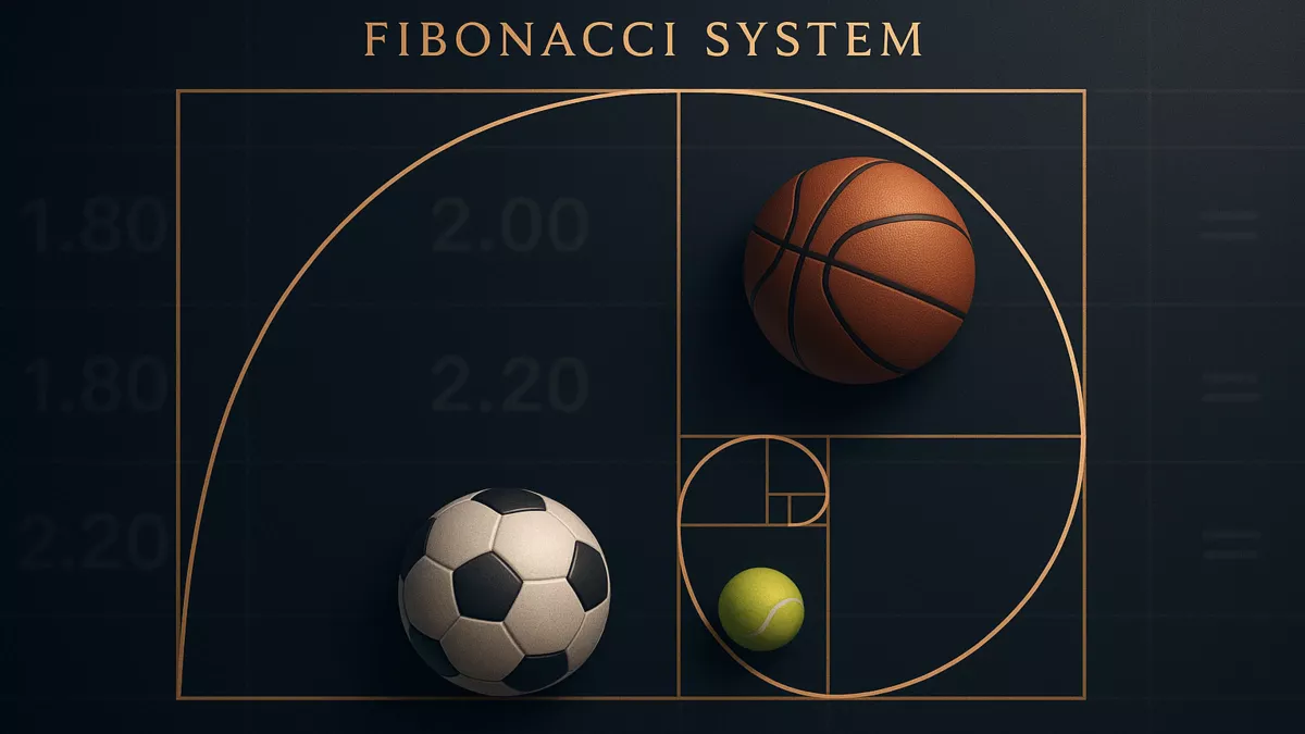 Fibonacci spiral golden ratio overlaid on sports betting background showing mathematical progression strategy