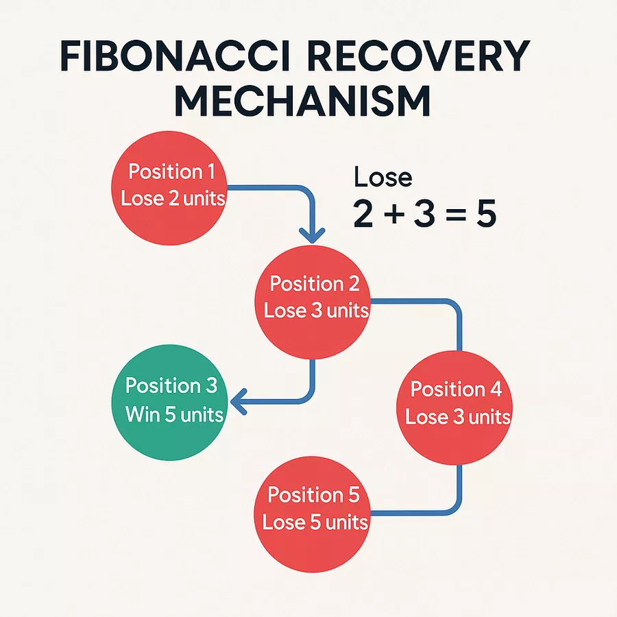 Educational diagram illustrating Fibonacci betting recovery mechanism with loss and win positions