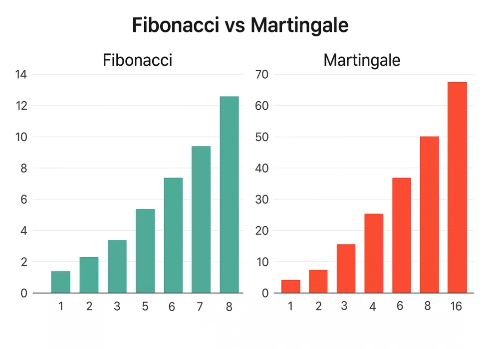 Comparison chart showing Fibonacci versus Martingale betting stake escalation after consecutive losses