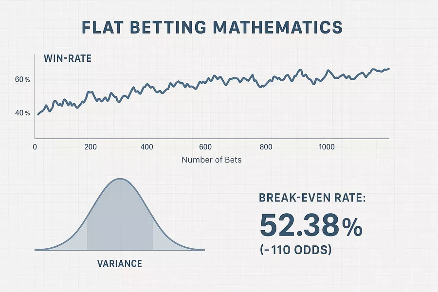 Mathematical visualization of flat betting statistics showing win rate progression and variance distribution