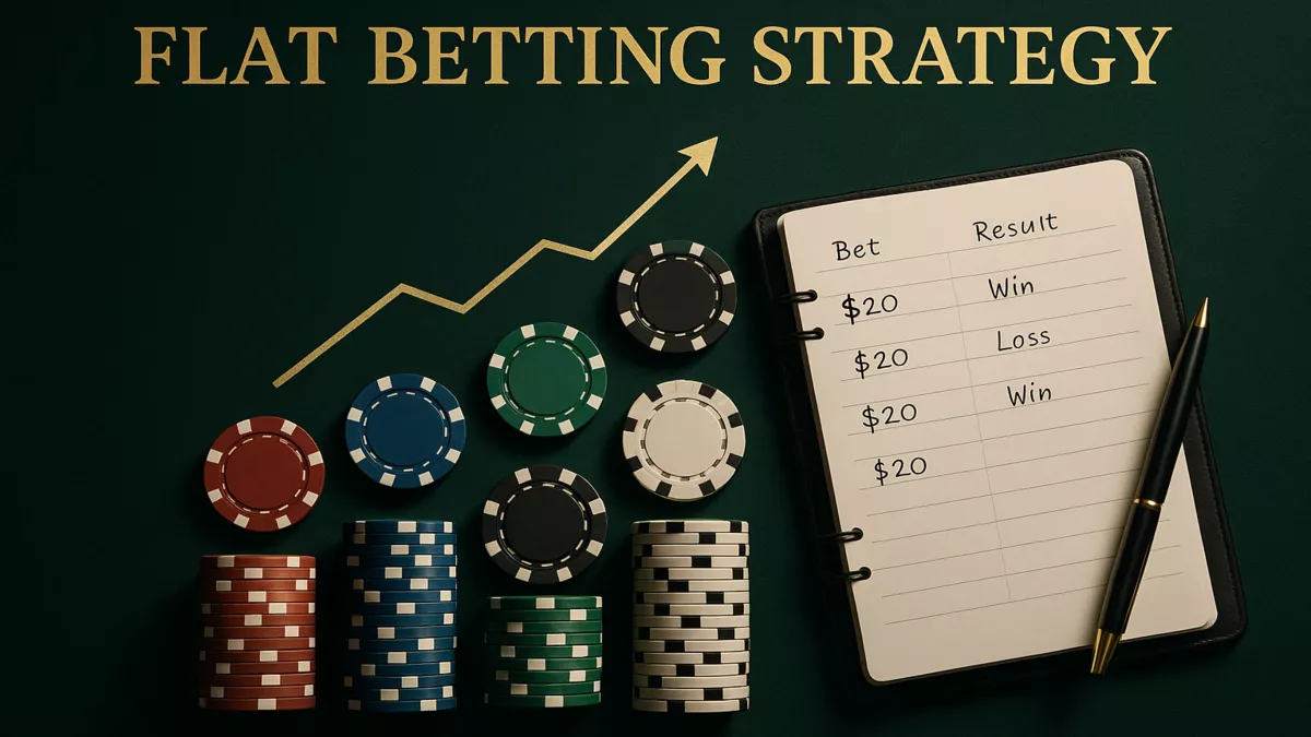 Flat betting strategy visualization with poker chips and betting records on casino table