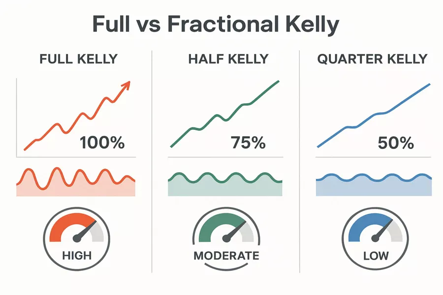 Comparison chart of Full Kelly, Half Kelly, and Quarter Kelly strategies showing growth rates and variance levels
