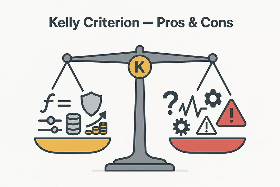 Balance scale showing pros and cons of Kelly Criterion betting strategy