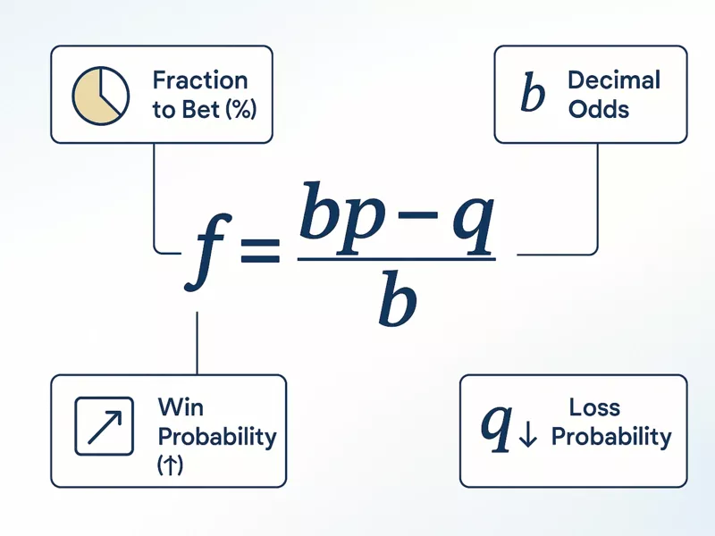 Kelly Criterion formula components breakdown showing variables f, b, p, and q
