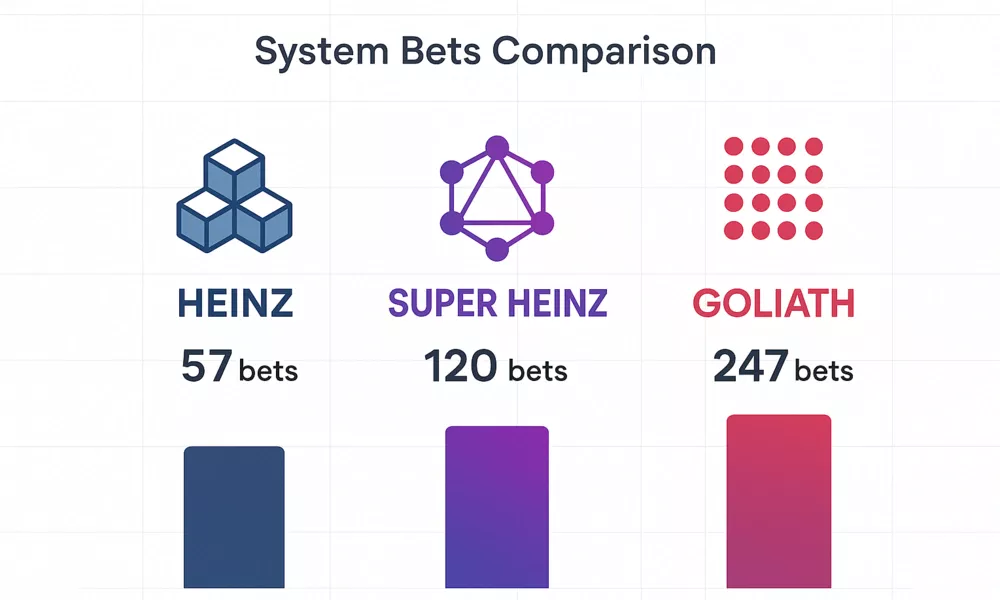 Comparison chart of Heinz, Super Heinz, and Goliath betting systems