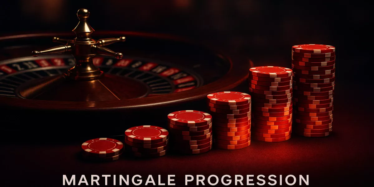 Roulette wheel with casino chips stacked in exponential doubling pattern illustrating Martingale betting progression