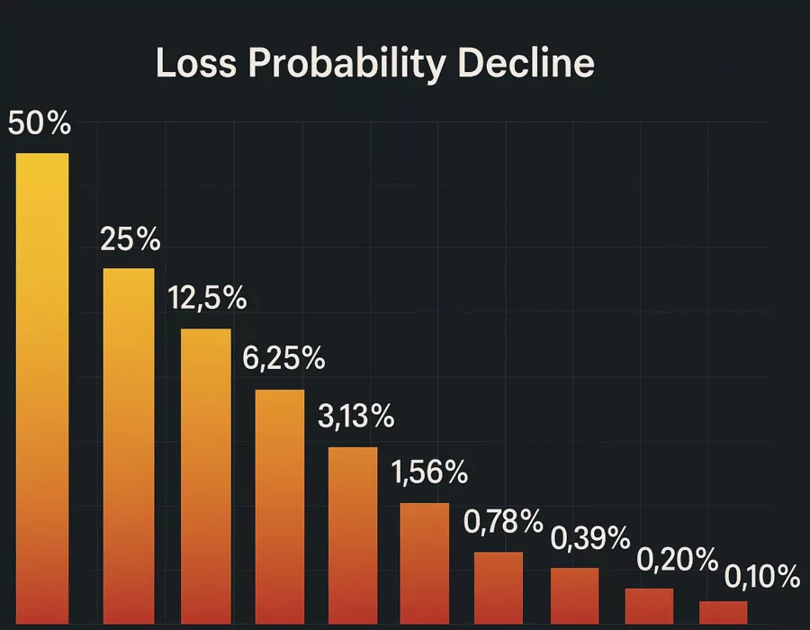 Bar chart visualization showing declining probability percentages of consecutive losses in Martingale betting from 50% to 0.10%