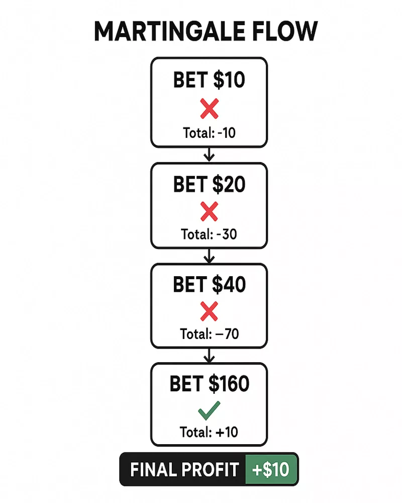 Infographic diagram showing Martingale betting system progression with five rounds of doubling bets from $10 to $160