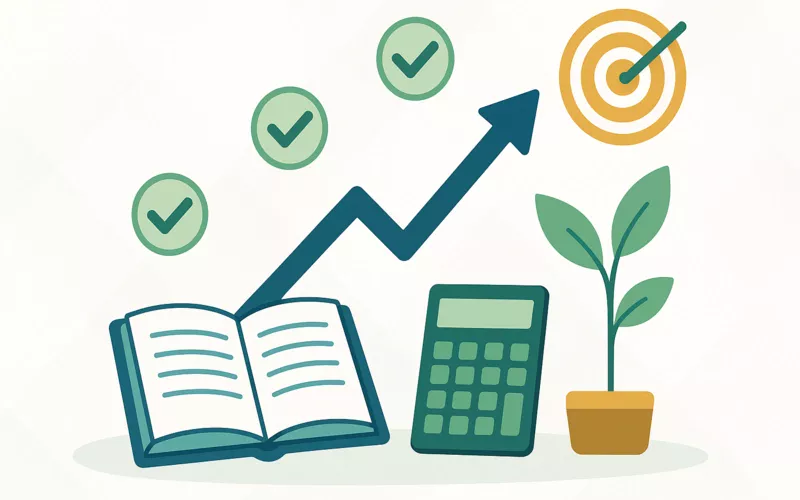 Success strategy illustration with upward trending graph, checkmarks, knowledge symbols, and growth indicators